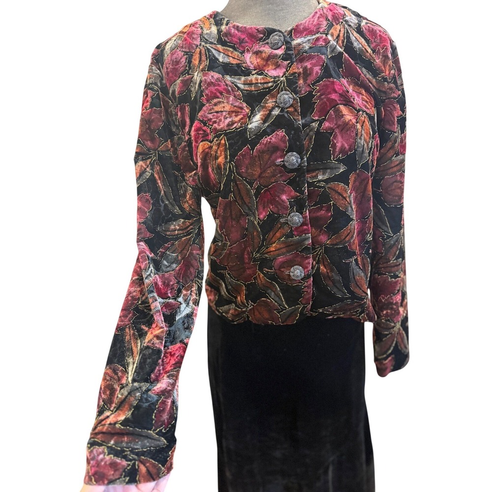 Norton McNaughton VintageVelvet Leaf Print Jacket Burgundy Gold Metallic Size 8P